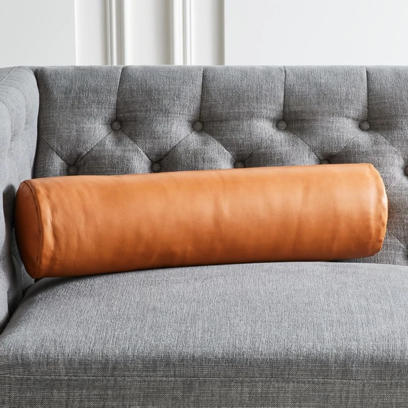 Bolster Brown Leather Throw Pillow 24" 3 Bolster Brown Leather Throw Pillow 24"