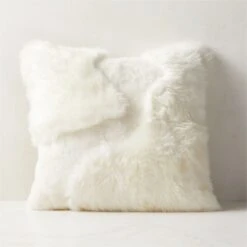 Connect White Sheepskin Fur Throw Pillow With Feather-Down Insert 20"