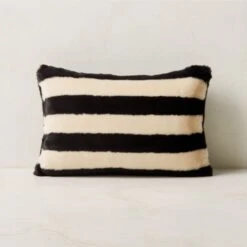 Elsie Black And White Striped Faux-Fur Throw Pillow With Down-Alternative Insert 18''x12''