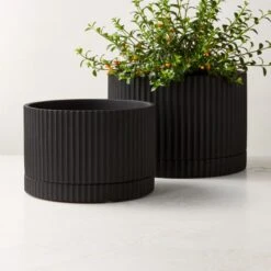 Fold Black Cement Indoor Planter With Tray Large 7 Fold Black Cement Indoor Planter With Tray Large -Home Store FoldBlkPlntrWTrayGrpFHS22