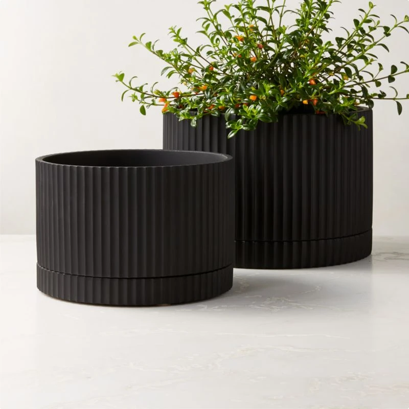 Fold Black Cement Indoor Planter With Tray Large 4 Fold Black Cement Indoor Planter With Tray Large - Image 2