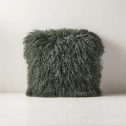 Mongolian Green Sheepskin Fur Throw Pillow With Down-Alternative Insert 16"
