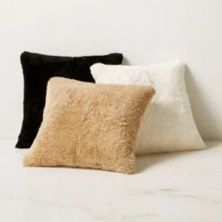 Shorn Black Sheepskin Fur Throw Pillow With Down-Alternative Insert 18'' -Home Store ShornSheepskin18inGroupFHS23